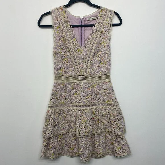 Alice + Olivia Tonie Tiered Floral Mini Dress Purple Women's 0 Eyelet Lace - Picture 8 of 13